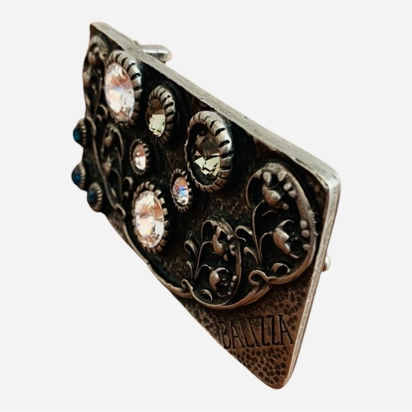 Rare BELT BUCKLE BALIZZA Signature Crystal Embossed Floral Ornate Brass Buckle - Picture 3 of 5
